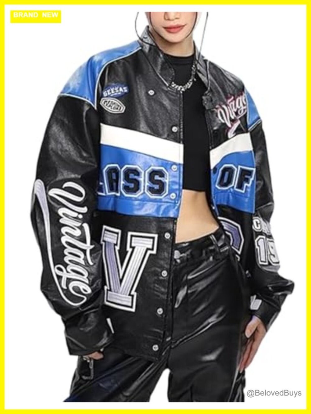 Faux Leather Racing Varsity Letterman Bomber Jacket Oversized Streetwear